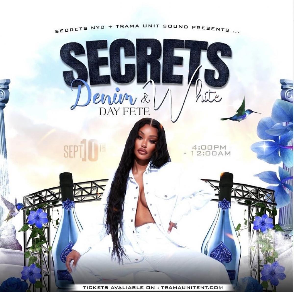 Secrets Denim & White Day Fete flyer or graphic.