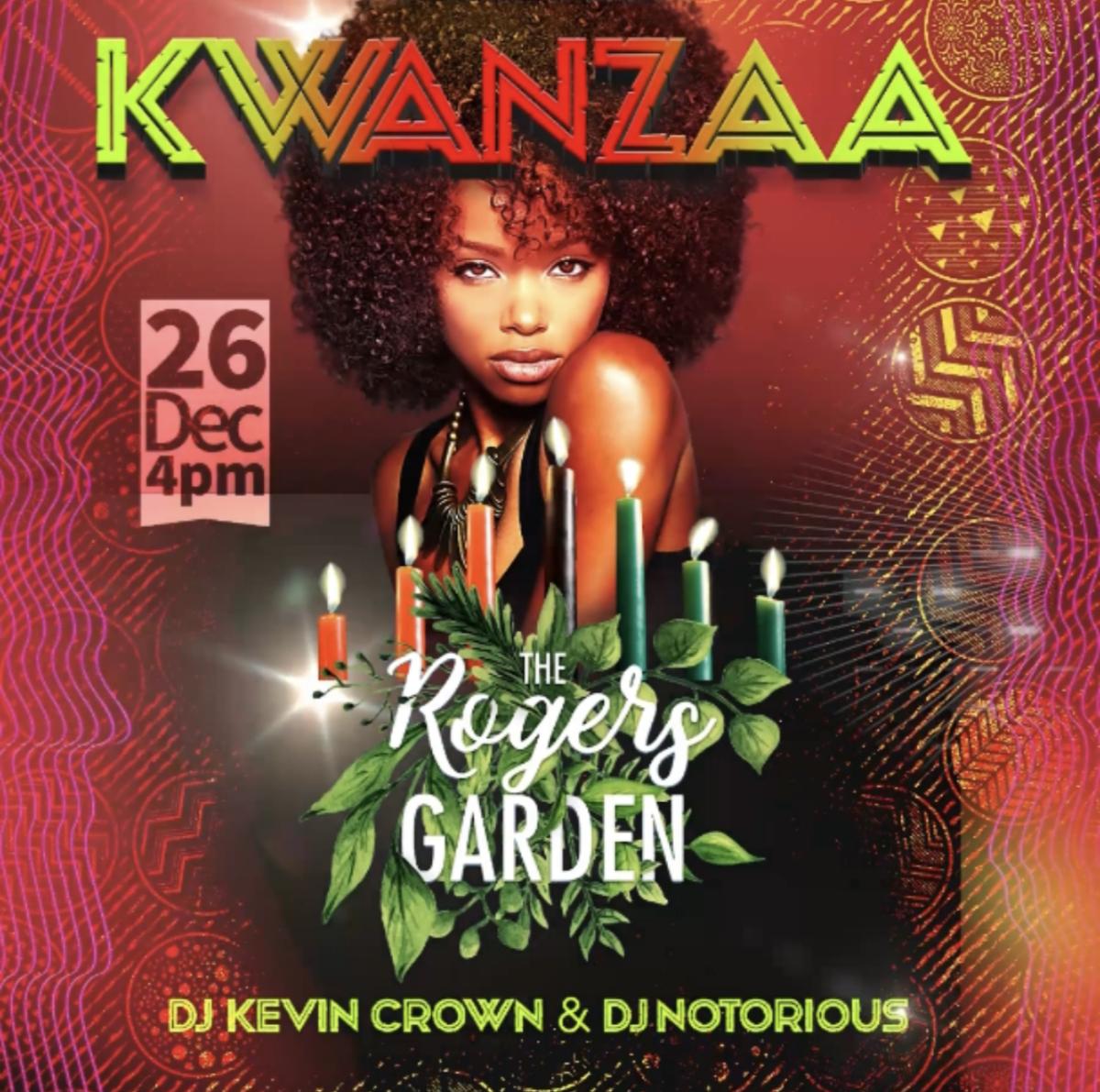 Kwanzaa at Roger’s Garden flyer or graphic.