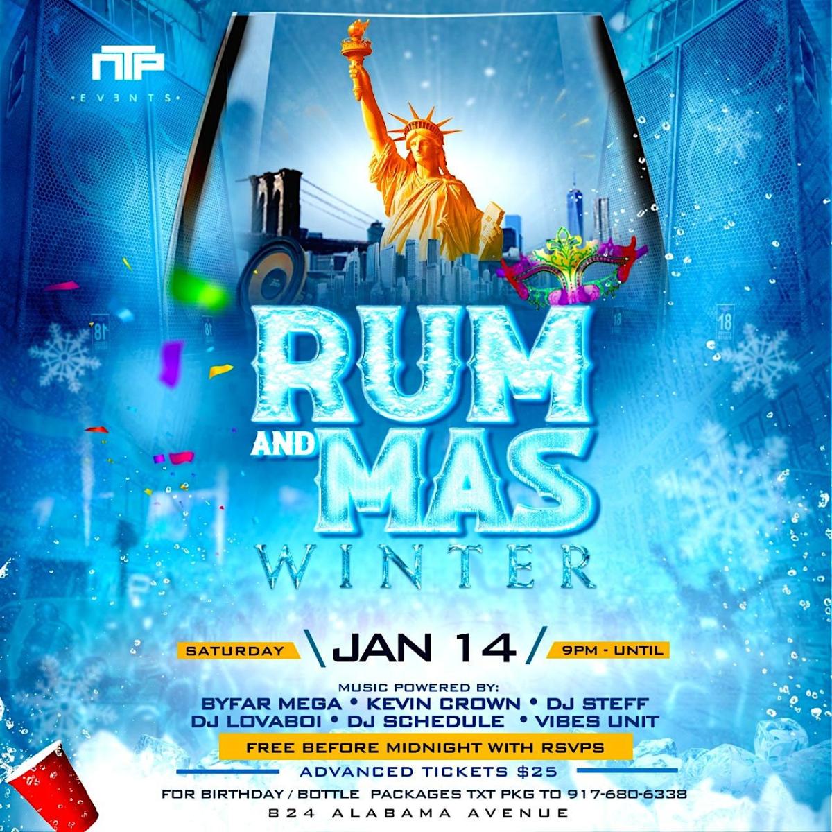 Rum & Mas Winter flyer or graphic.