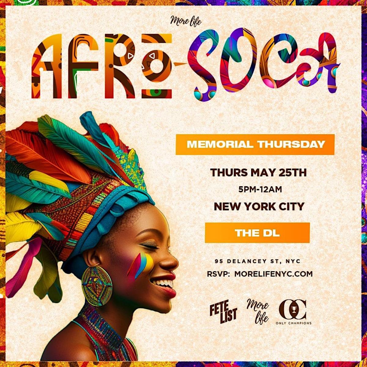 AFRO-SOCA Memorial Day Thursday flyer or graphic.