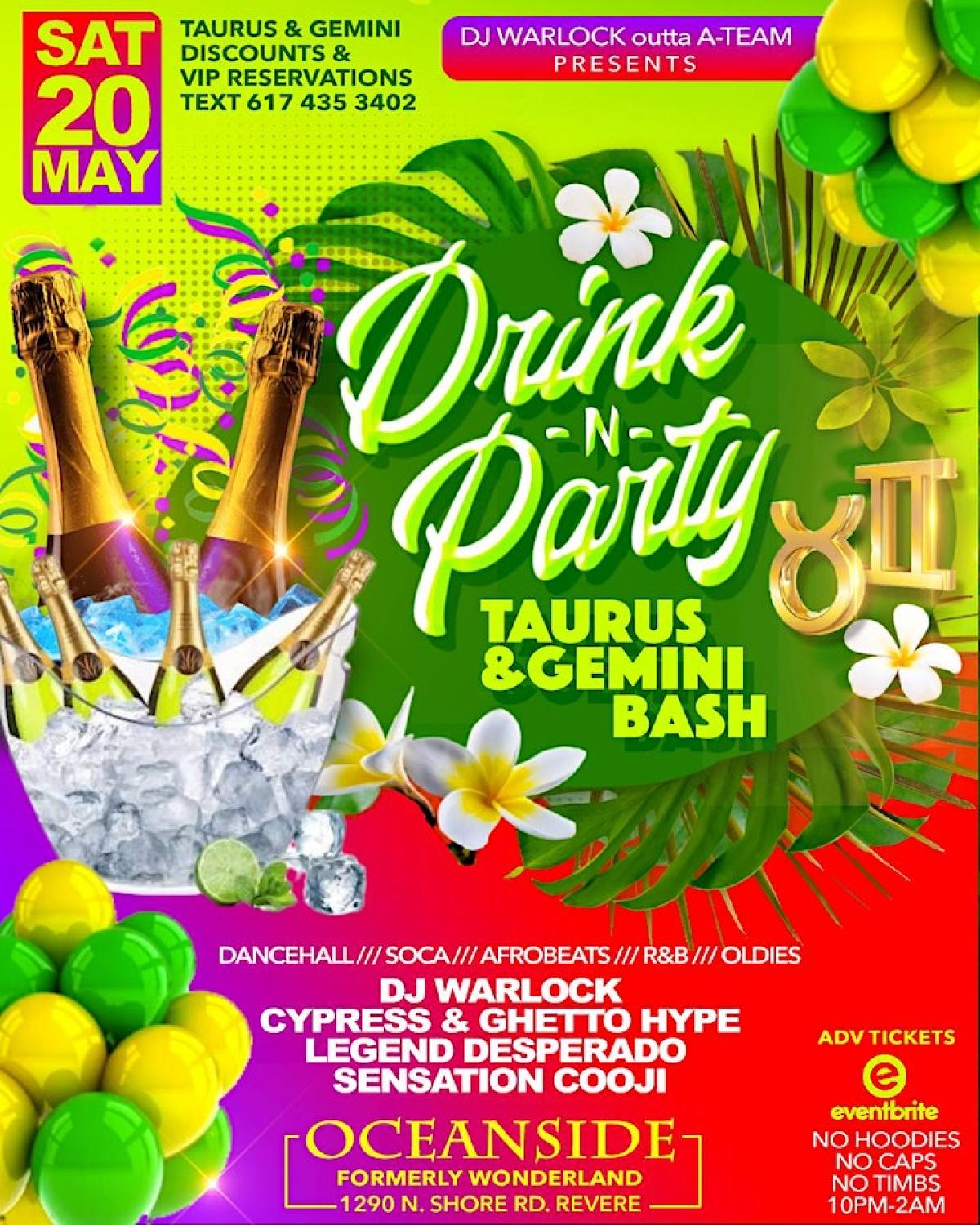 Drink And Party: Taurus & Gemini Bash flyer or graphic.