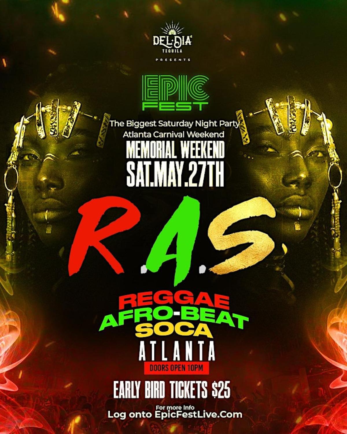 Epic Fest: R.A.S - Reggae . Afrobeats . Soca flyer or graphic.