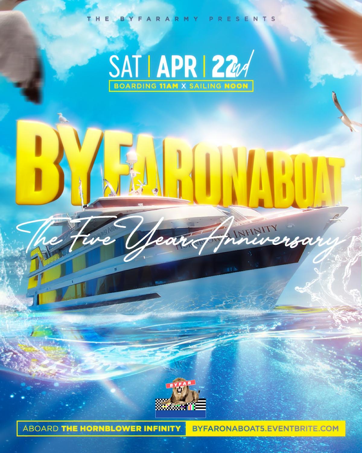 BYFAROnABoat Five Year Anniversary flyer or graphic.