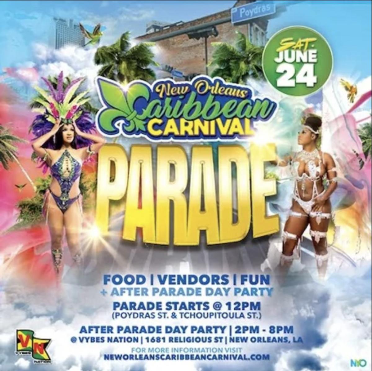 NOLA Caribbean Carnival Parade & Day Party flyer or graphic.