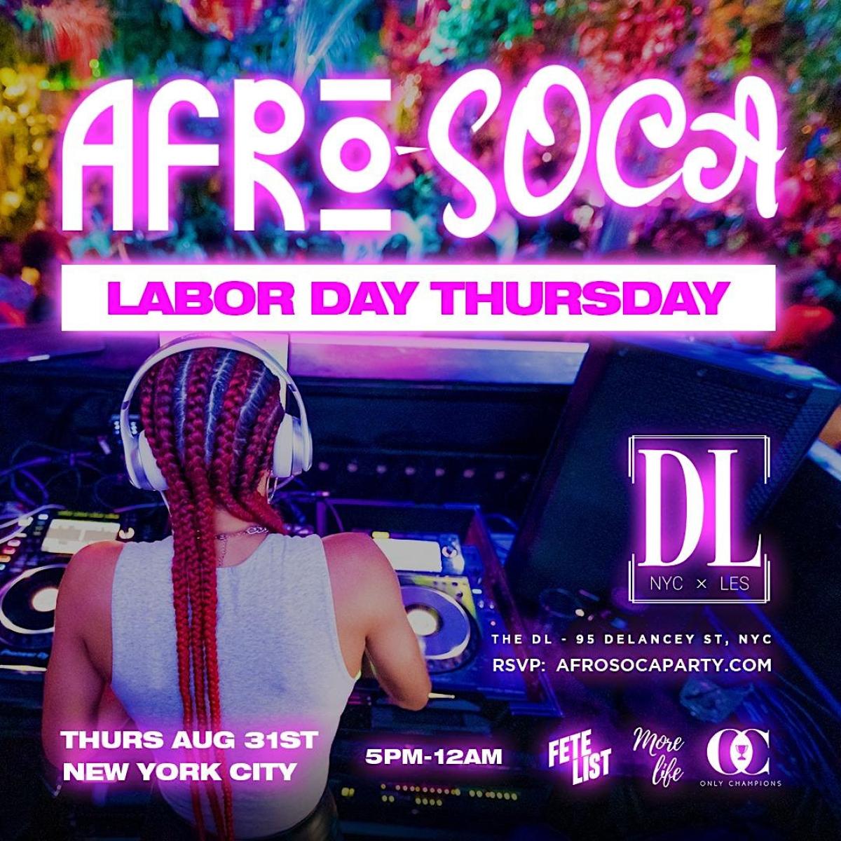 AFRO-SOCA Labor Day Thursday flyer or graphic.