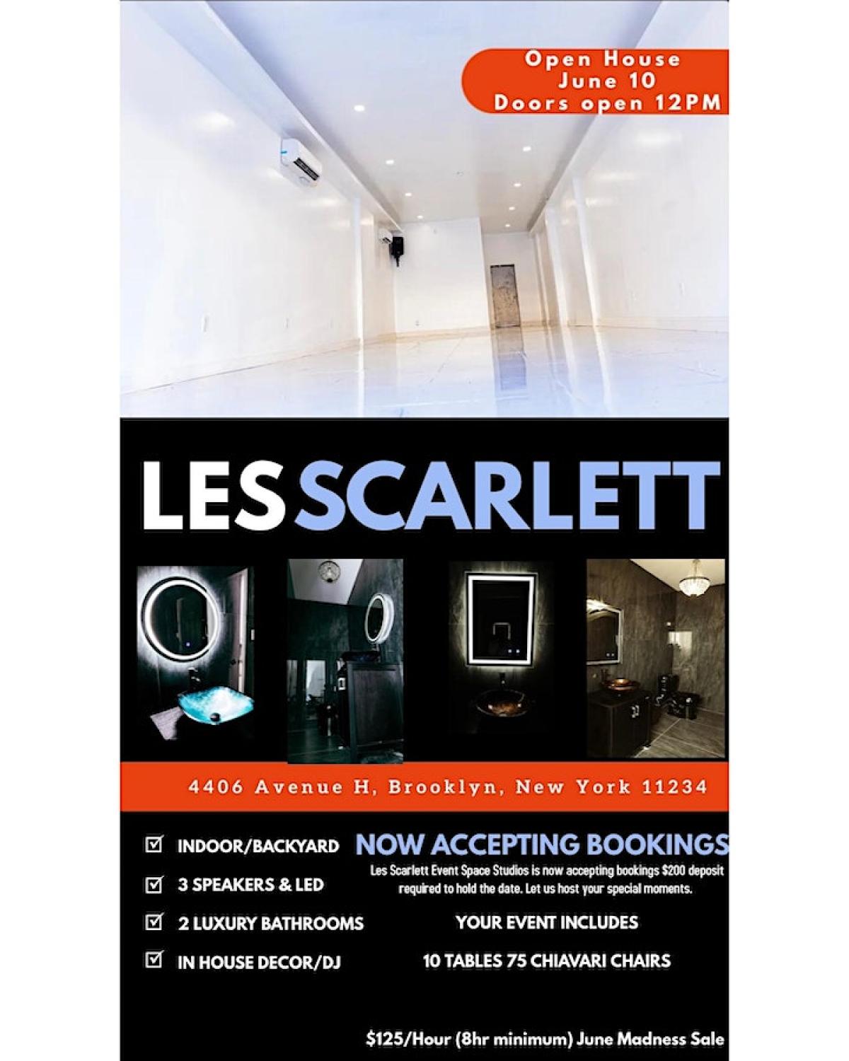  Les Scarlett Event Space Open House  flyer or graphic.