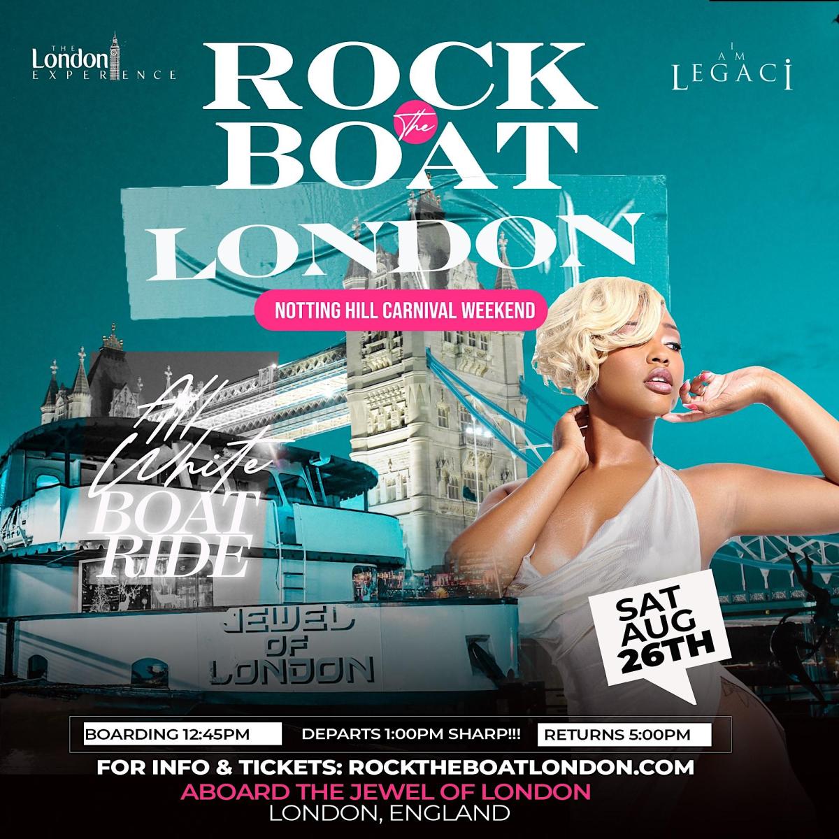 Rock The Boat London All White Boat Ride Party flyer or graphic.