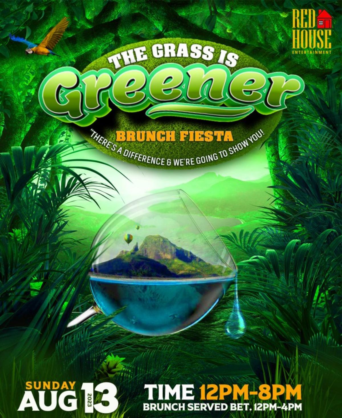 The Grass Is Greener Brunch Fiesta flyer or graphic.