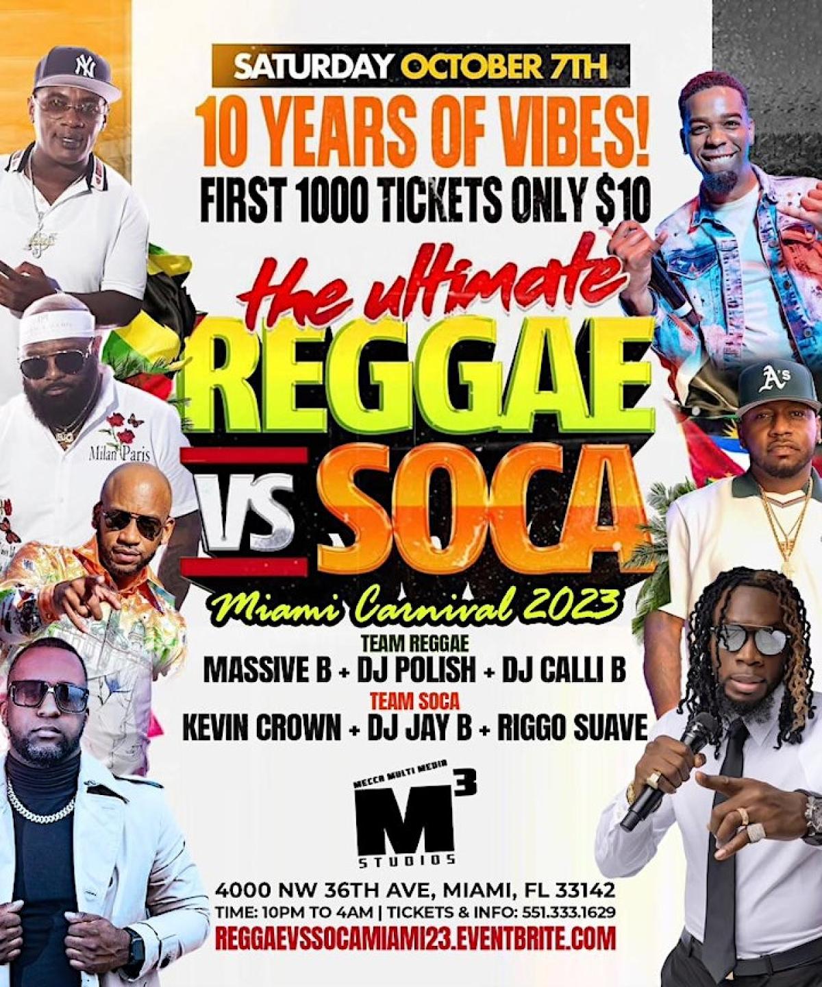 The Ultimate Reggae vs Soca flyer or graphic.