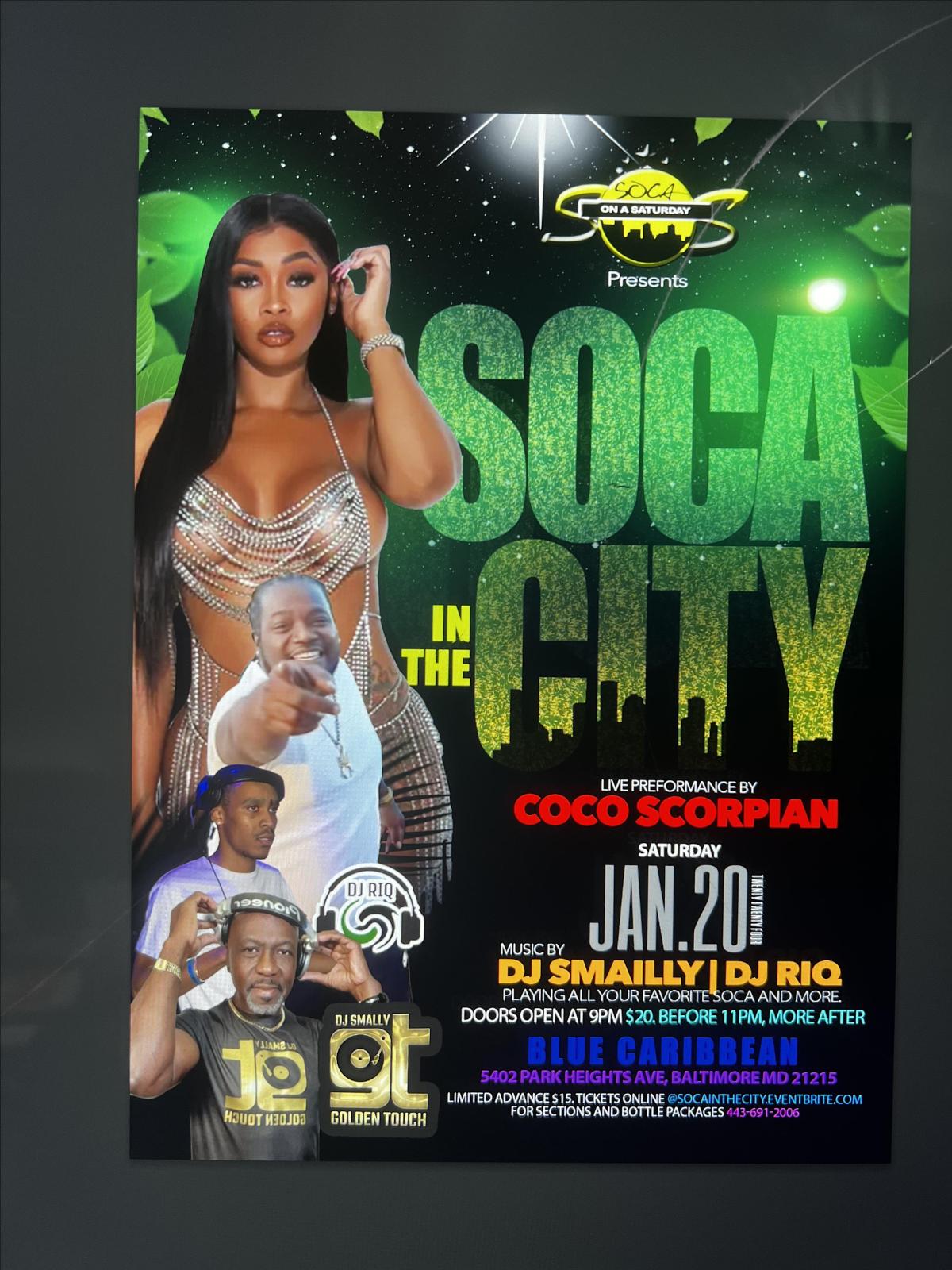 SOS! Soca in the City  flyer or graphic.