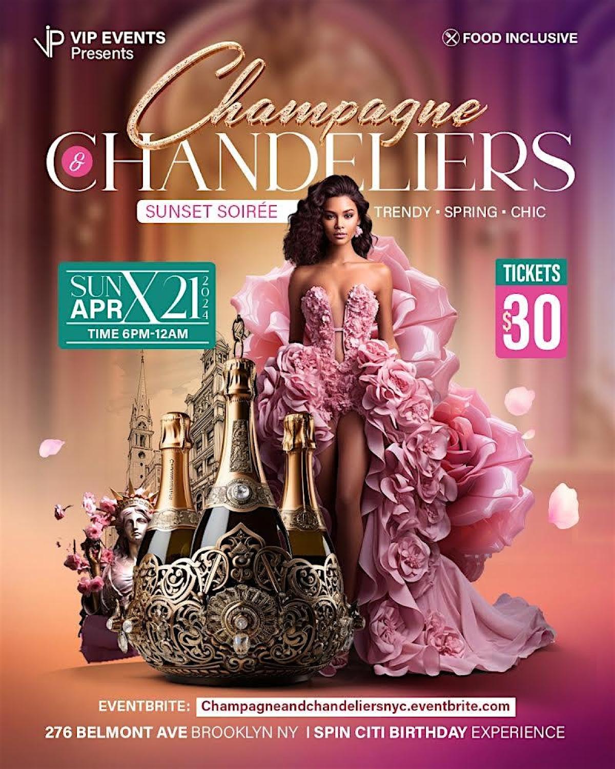 Champagne and Chandeliers flyer or graphic.