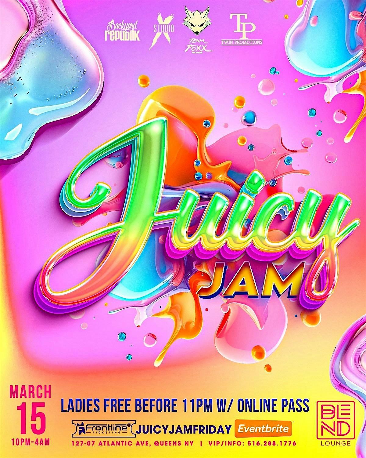 Juicy Jam Friday flyer or graphic.