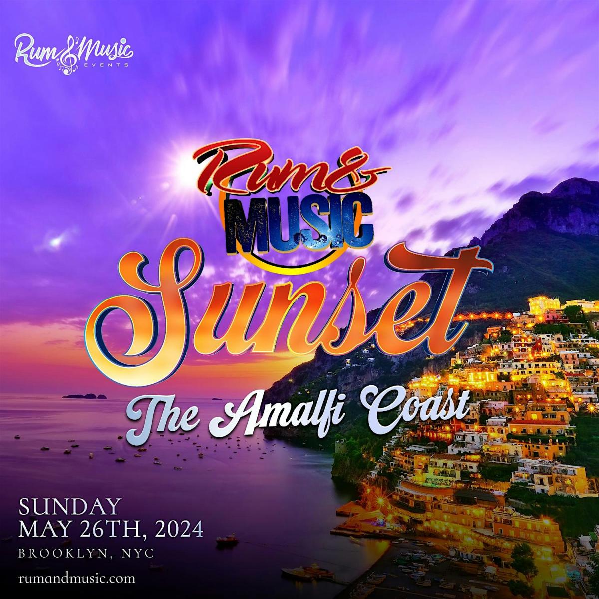 Sunset "The Amalfi Coast" flyer or graphic.