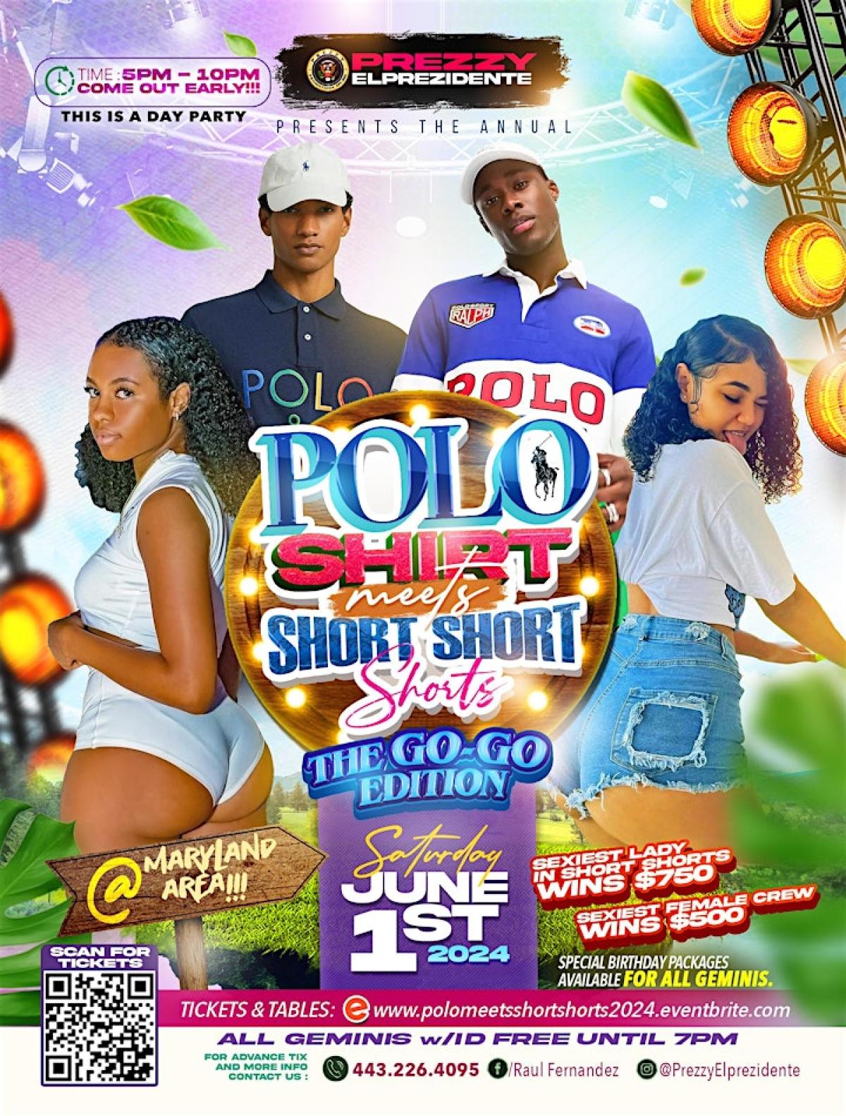 Polo Shirt Meets Short Short Shorts flyer or graphic.