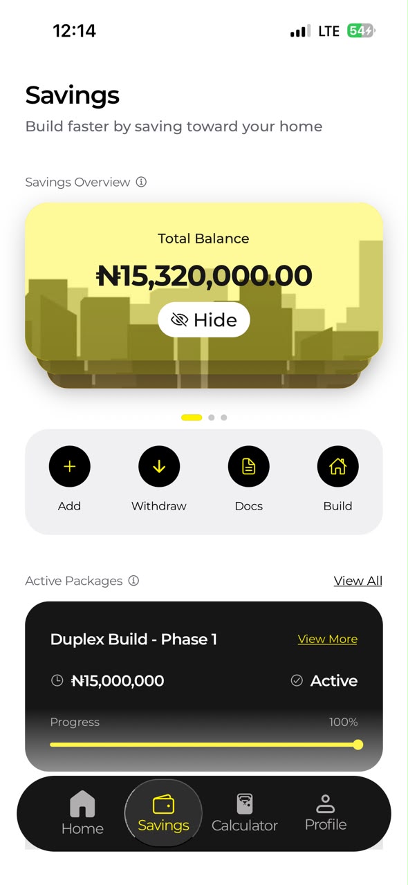 Fewsure savings screen showing a balance overview and an active building package