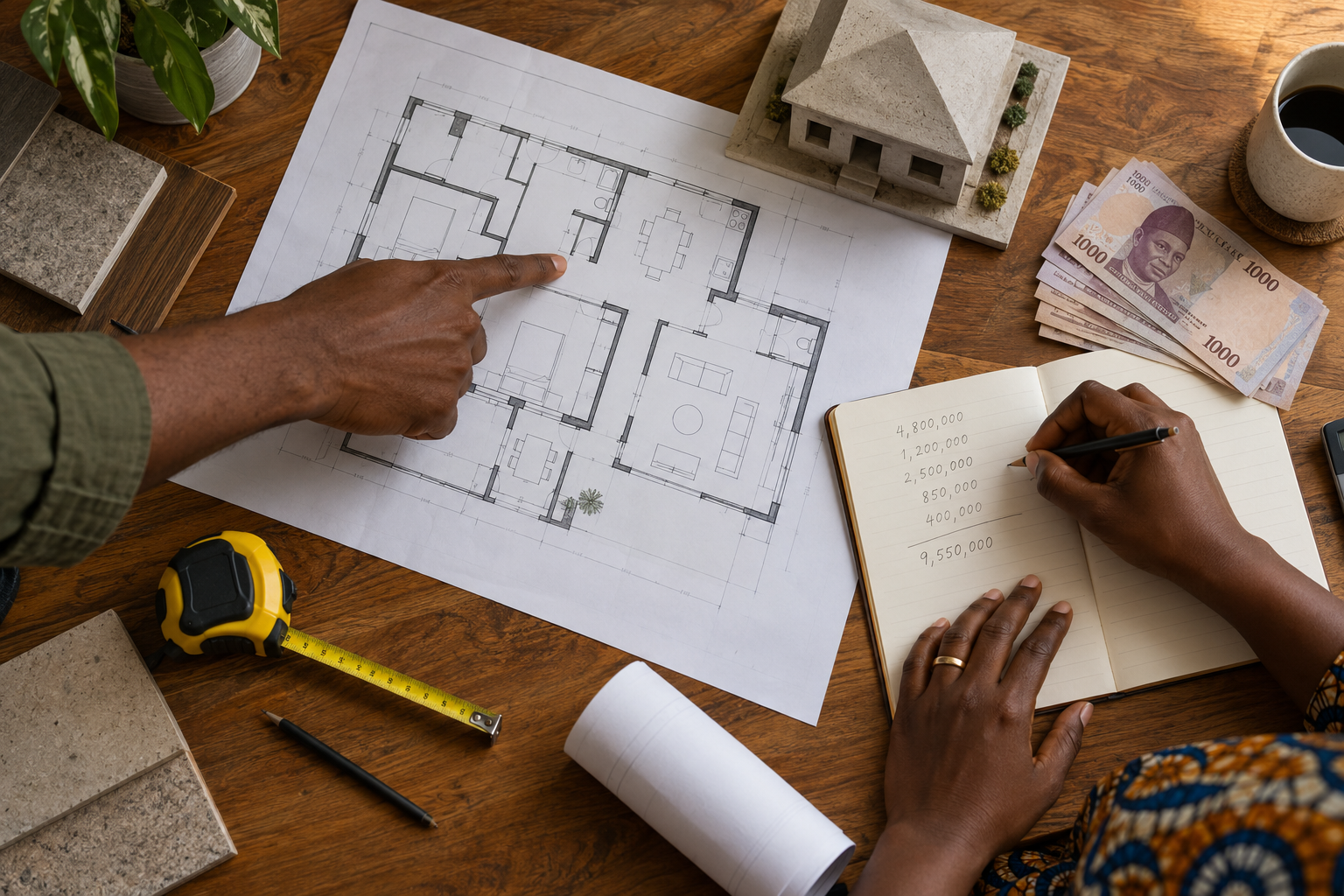 Nigerian hands reviewing a floor plan and building budget