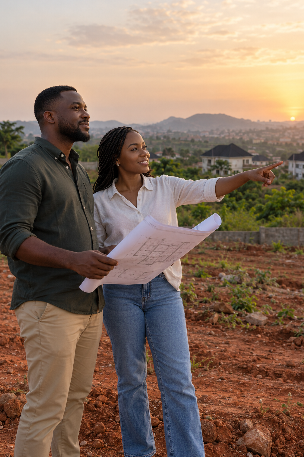 A Nigerian couple picturing their future home on an Abuja plot