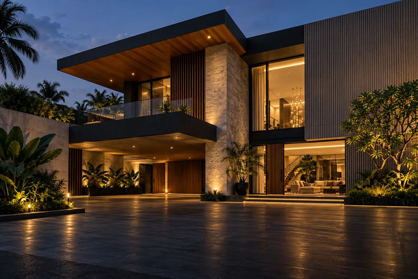 A completed contemporary Nigerian home illuminated at dusk