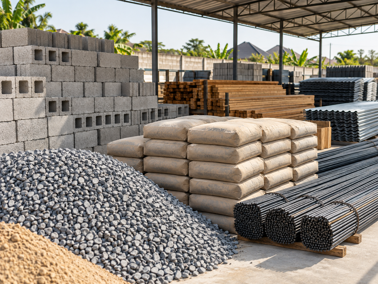 Organized building materials including blocks, cement, steel and roofing
