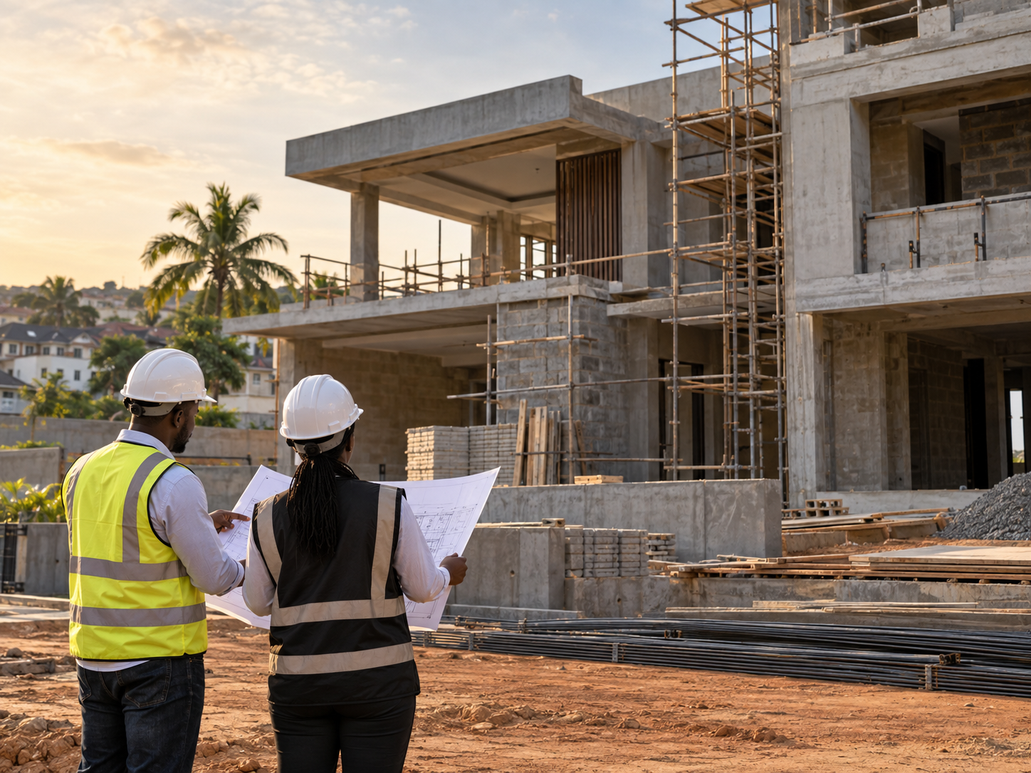Building professionals reviewing plans at a residential construction site
