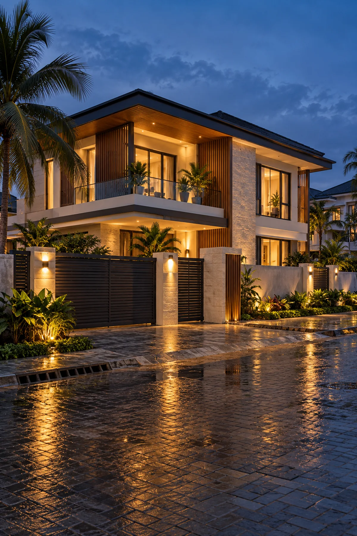 A contemporary family home in Lekki, Lagos, illuminated at dusk