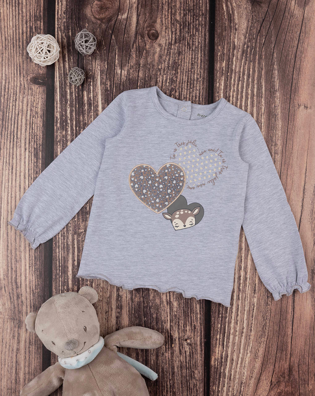 Bluzë pambuku me zemra, Prenatal - 9-12 Muaj, Gri