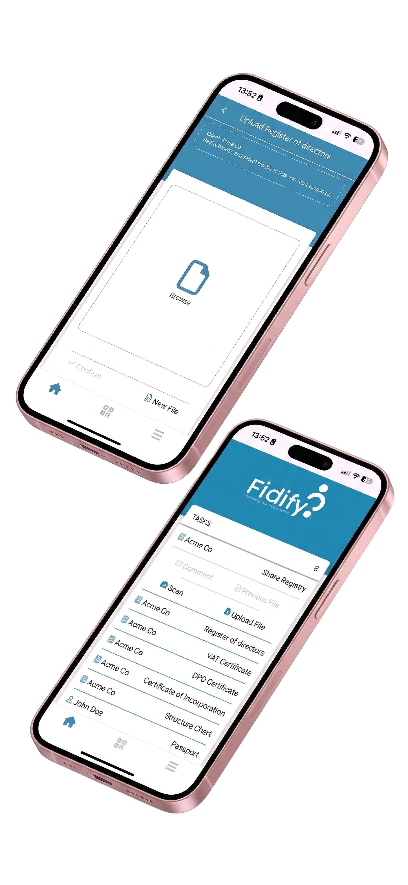 Fidify app screens showing document upload and entity management