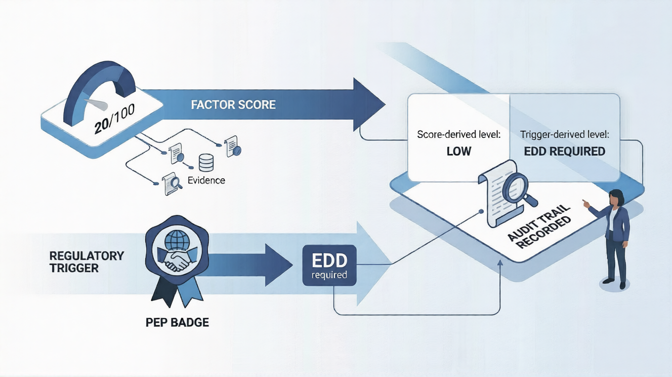 Diagram showing how a policy engine combines factor scores and regulatory triggers like PEP status to produce an explainable risk assessment with audit trail