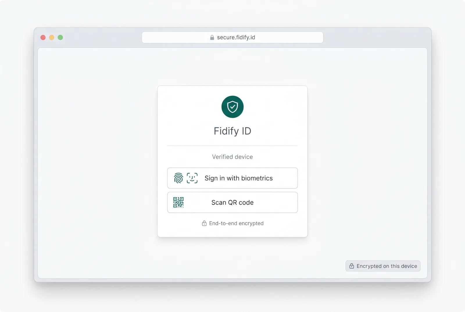 Fidify ID secure sign-in screen with biometric and QR code options, end-to-end encrypted