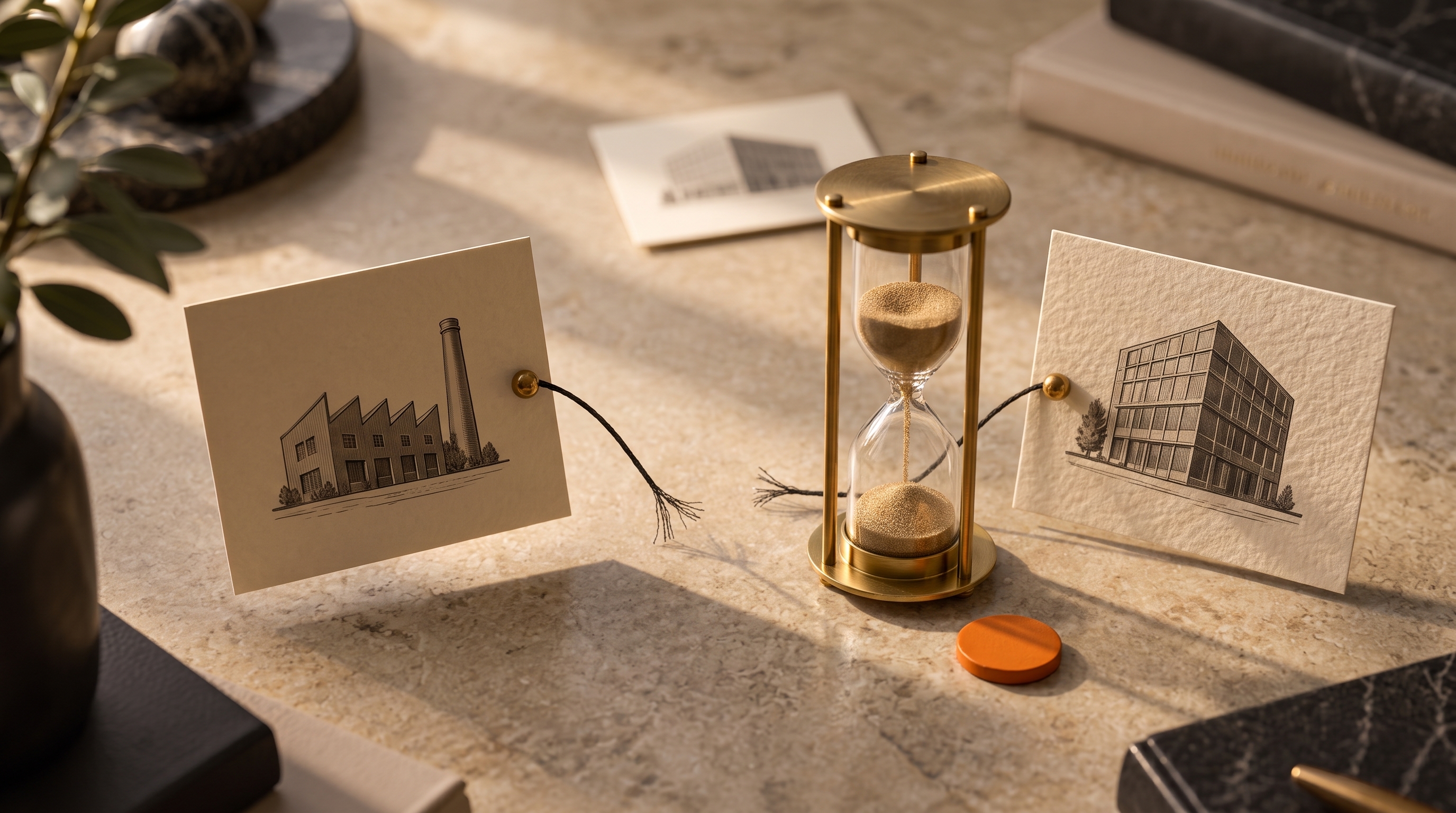 A cut thread between two pinned cards beside an hourglass, marking a period when a monitoring source stopped reporting