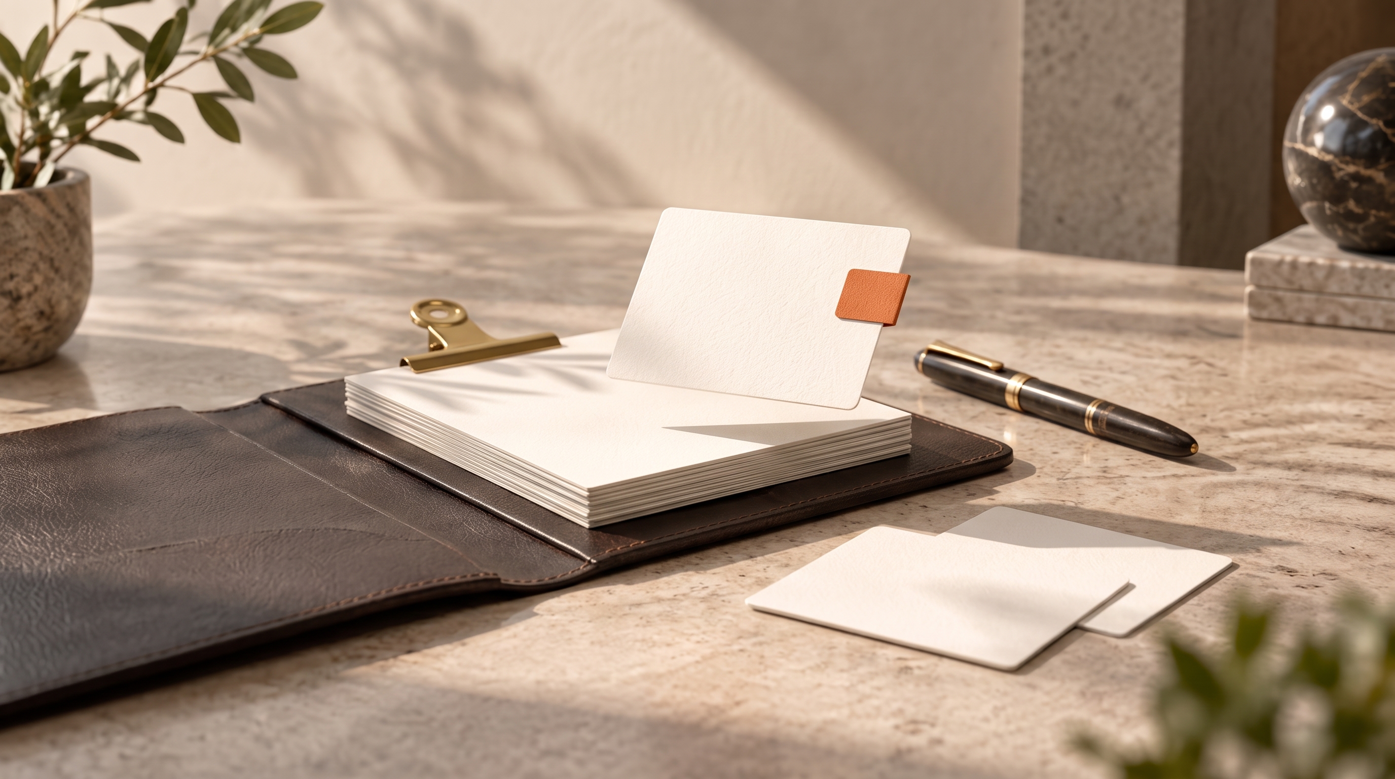 A folder of retained cream cards secured with a brass clip, with a fresh card added on top and two outdated cards set aside