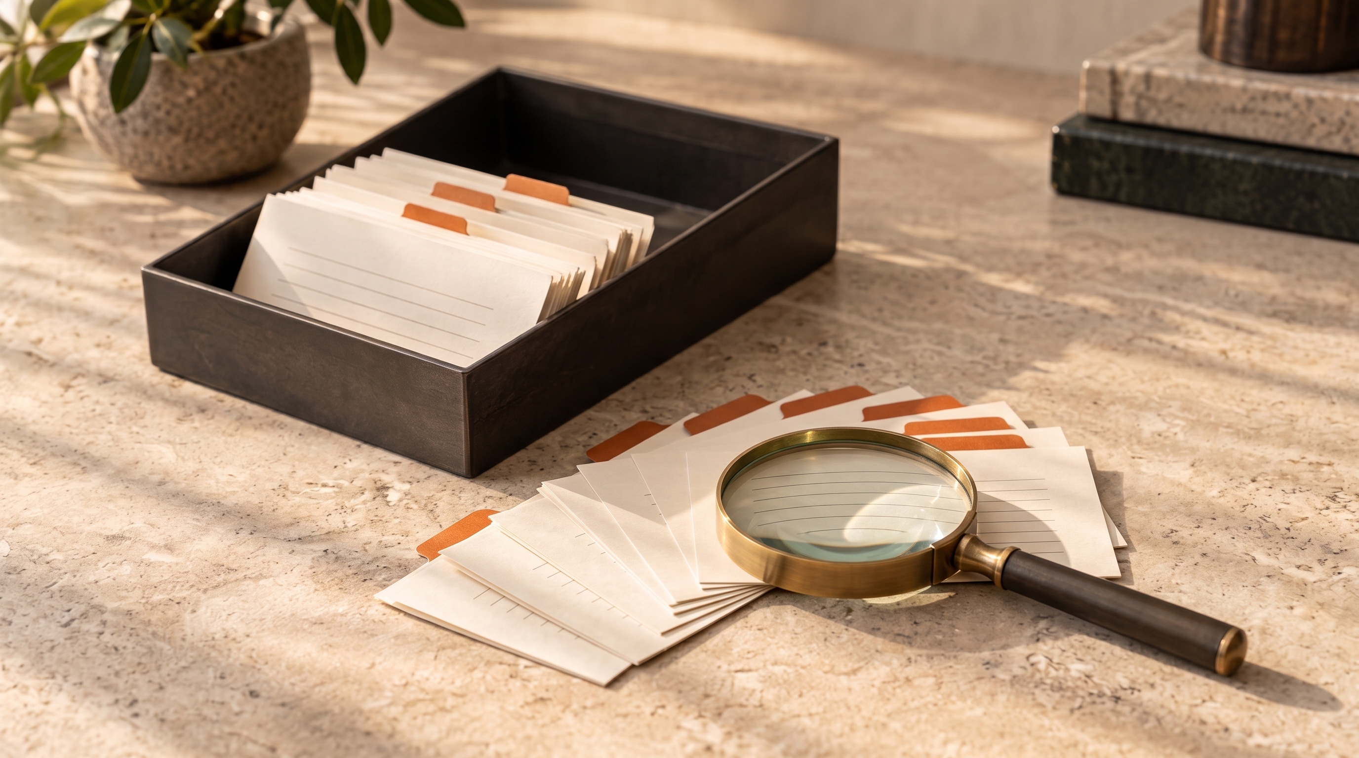 Cards pulled from the back of a sorted tray and fanned under a magnifying glass, representing a sample of low-ranked alerts