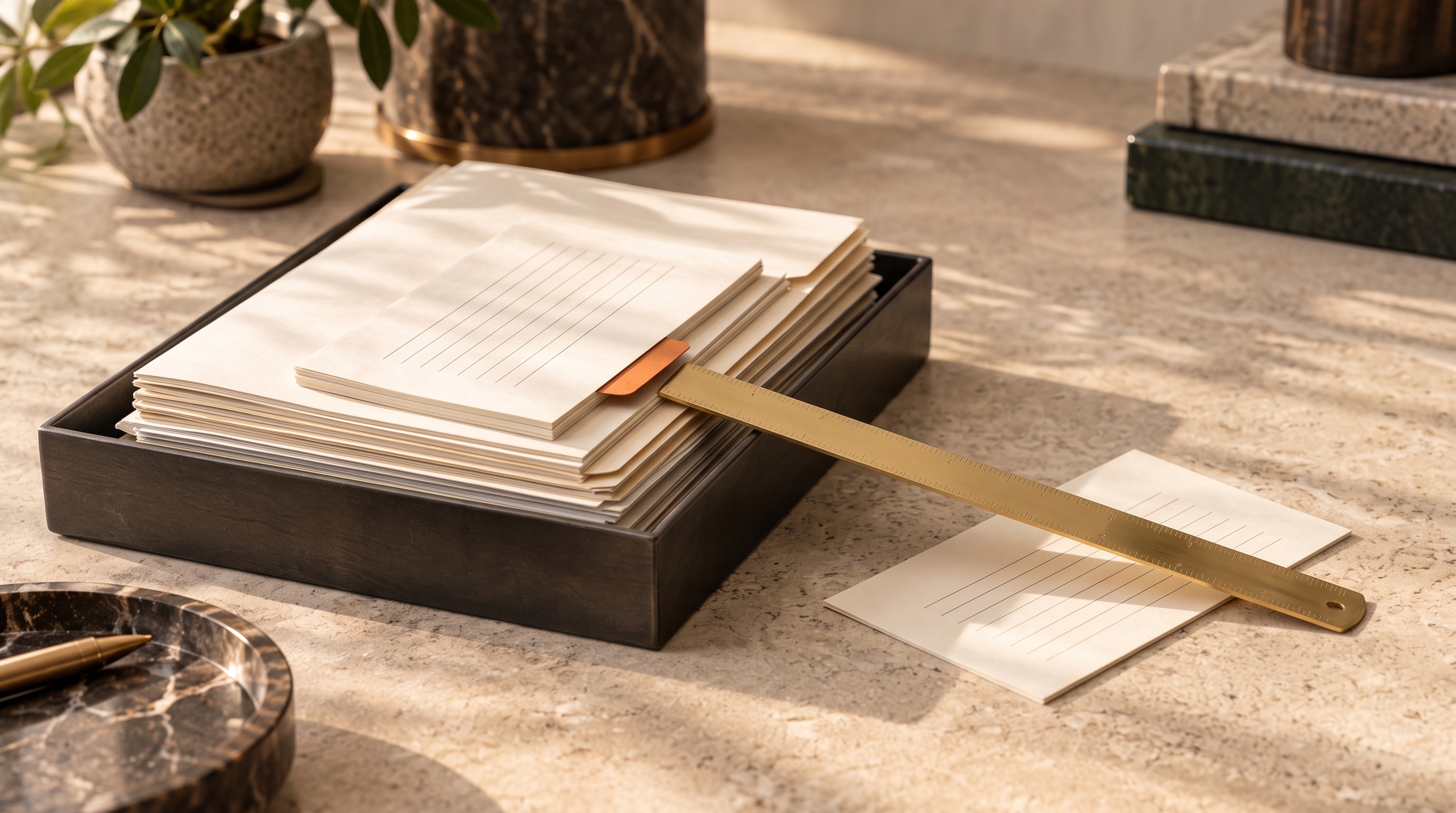 A brass ruler aligning a short summary card with a line in a stack of source documents, representing verification of an AI summary
