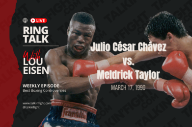Alt Text: Image of boxing gloves with Lou Eisen talking about the legendary Julio Cesar Chavez vs. Meldrick Taylor fight.