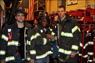 Kyle McAlarney, Tory Jackson and Zach Hillesland at the firehouse