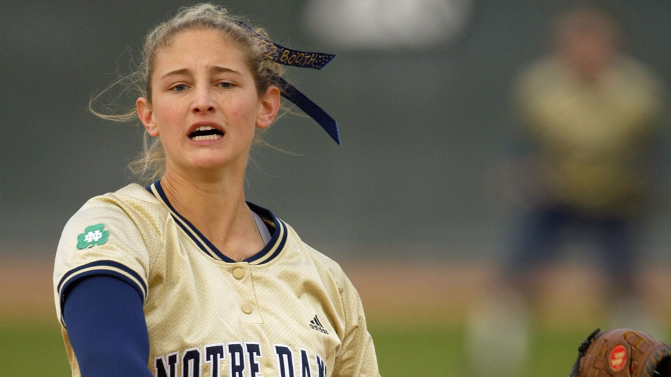 Heather Booth spun 4.1 scoreless innings of relief with nine strikeouts to earn the win over Louisville in the opening game of NCAA Regionals in 2005