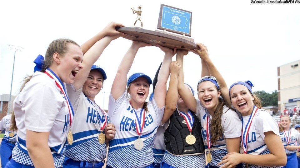 Morgan Ryan (far left) and Hempfield Area High School won a second straight state championship last month (Antonella Crescimbeni/Pittsburgh Post-Gazette)