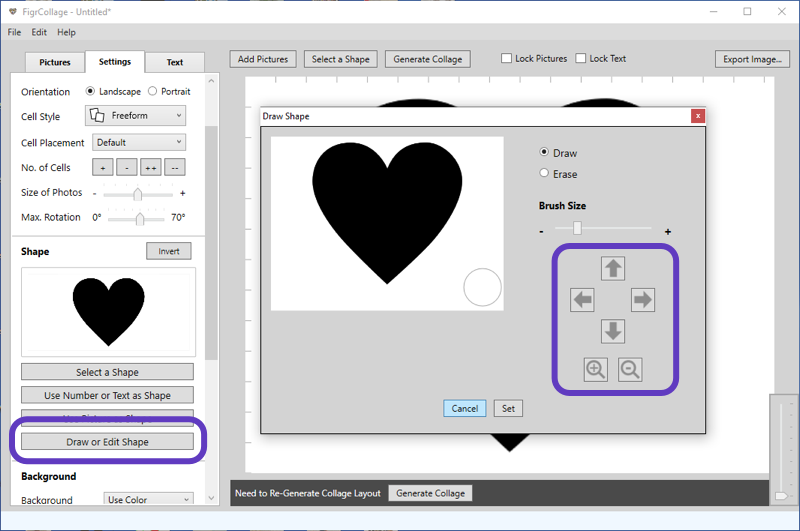 Screenshot of FigrCollage showing the controls used to move, zoom in, or zoom out the shape.