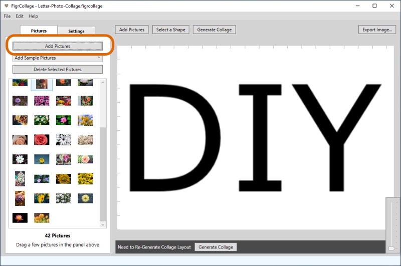 This screenshot of FigrCollage shows how to add pictures to the Letter Photo Collage.