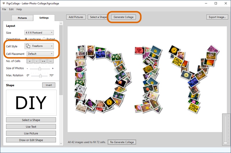 Screenshot of FigrCollage showing how to generate the Letter Photo Collage.
