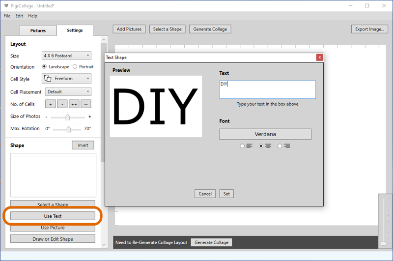 This screenshot of FigrCollage shows how to set a letter, text, or word as the shape for our collage.
