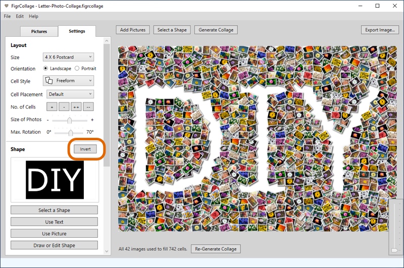 This screenshot of FigrCollage shows how to invert the letter/word shape to place the pictures outside the shape.