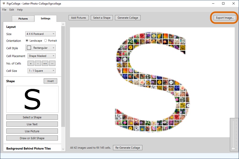 Screenshot of FigrCollage showing how to export the letter photo collage to a JPG, which can then be printed.