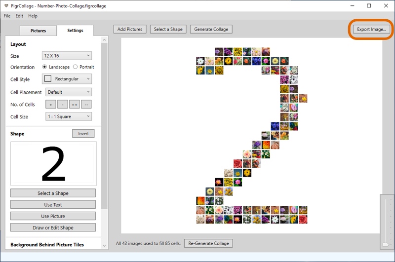 Screenshot of FigrCollage showing how to export the number photo collage to a JPG, which can then be printed.