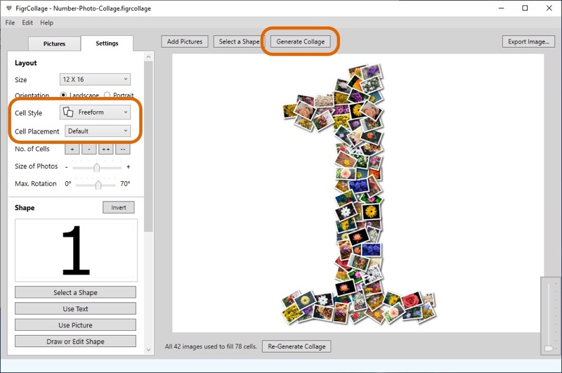 Screenshot of FigrCollage showing how to generate the Number Photo Collage.