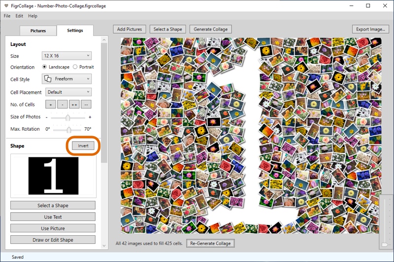 Screenshot of FigrCollage showing how to invert the number shape so that the pictures are placed outside the number.