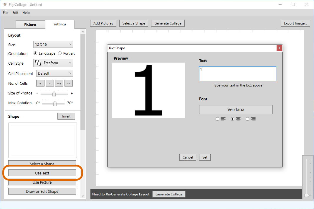 Screenshot of FigrCollage showing how to set number 1 as the shape to use for our collage.