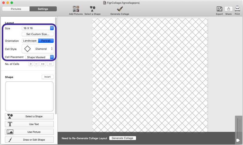 Open FigrCollage and set output size for shape collage