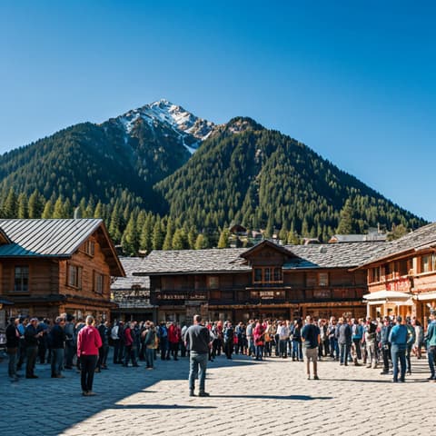 People gathering in a mountain village square