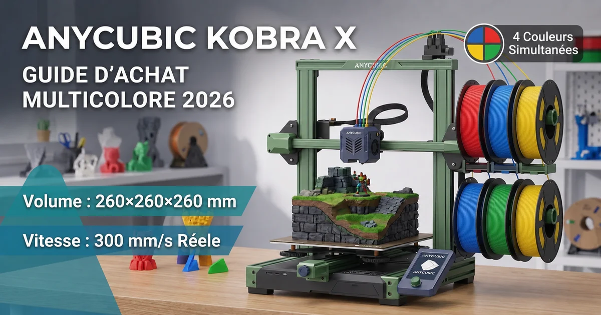 Anycubic Kobra X avec système ACE Gen 2 multicolore et ses 4 bobines de filament PLA colorées